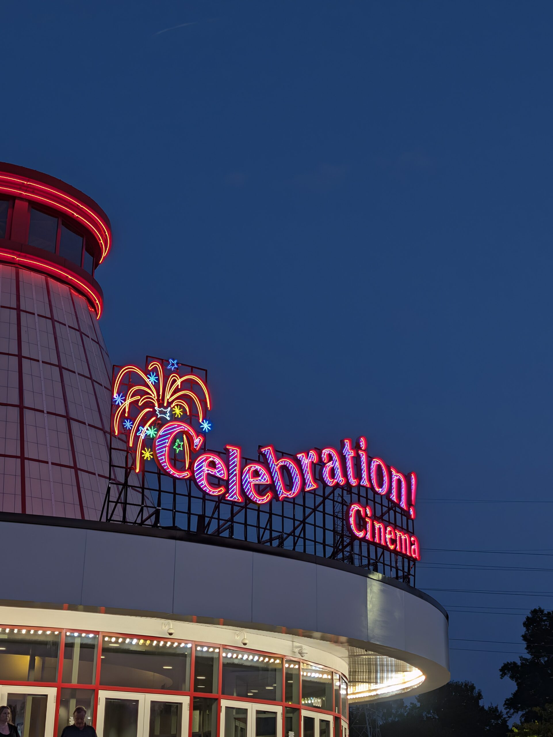 Photo of a movie theater in the evening, taken with the Pixel 11 Pro.