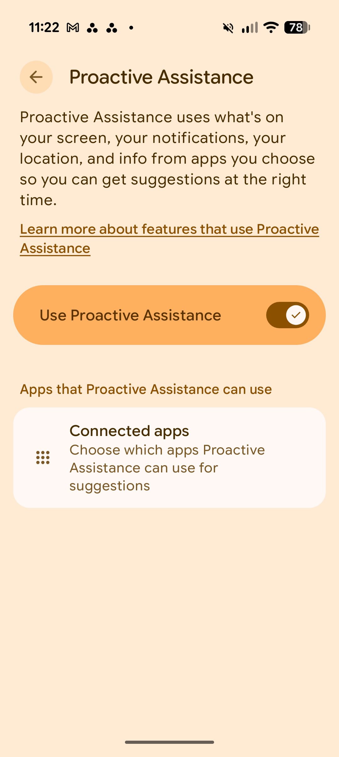Screenshot of Proactive Assistance settings on the Pixel 11 Pro.