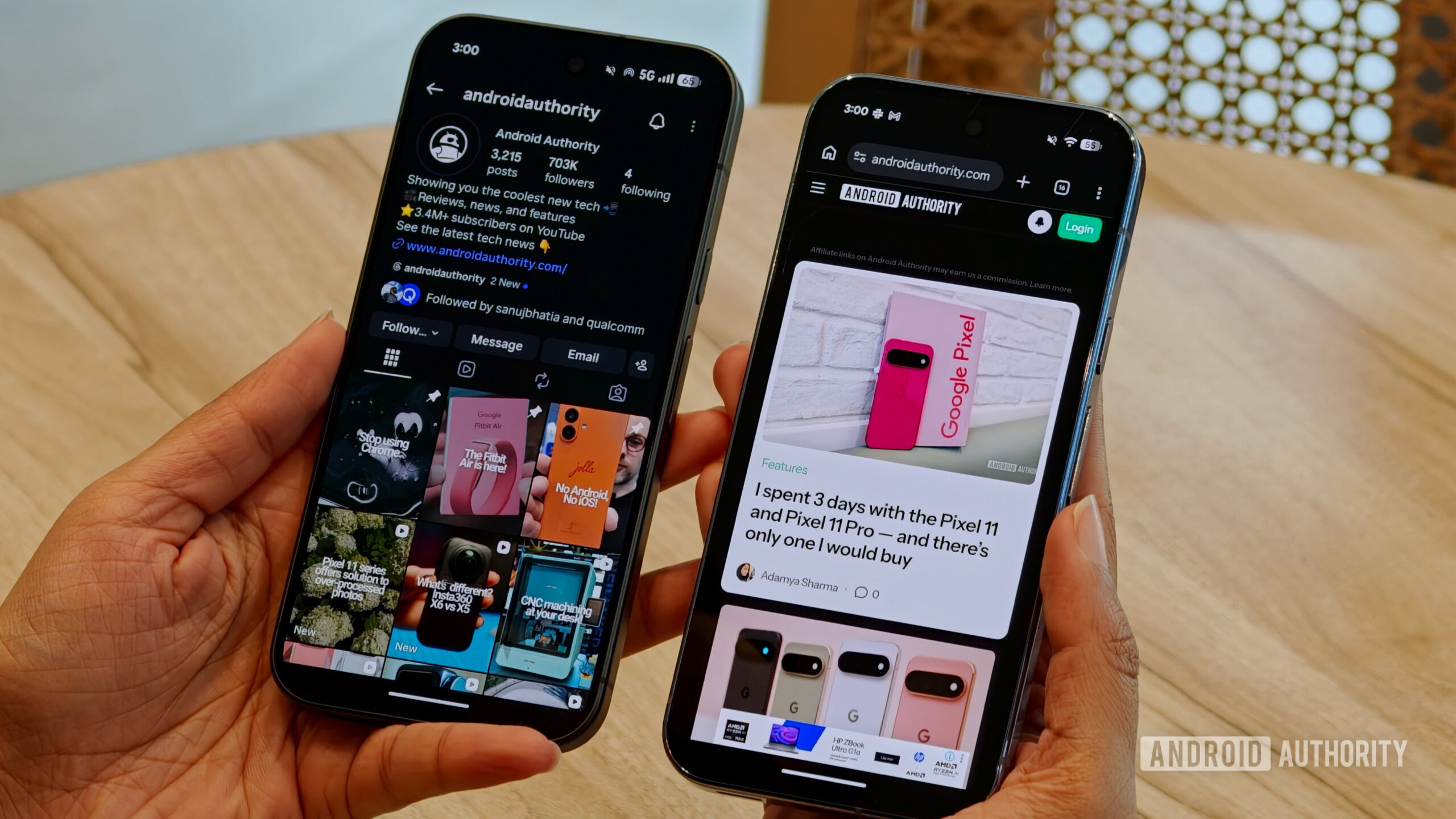 pixel 11 pro vs pixel 10 pro modem 5 Two hands holding two Pixel phones displaying an Instagram feed on the left and a tech review website on the right to compare display quality