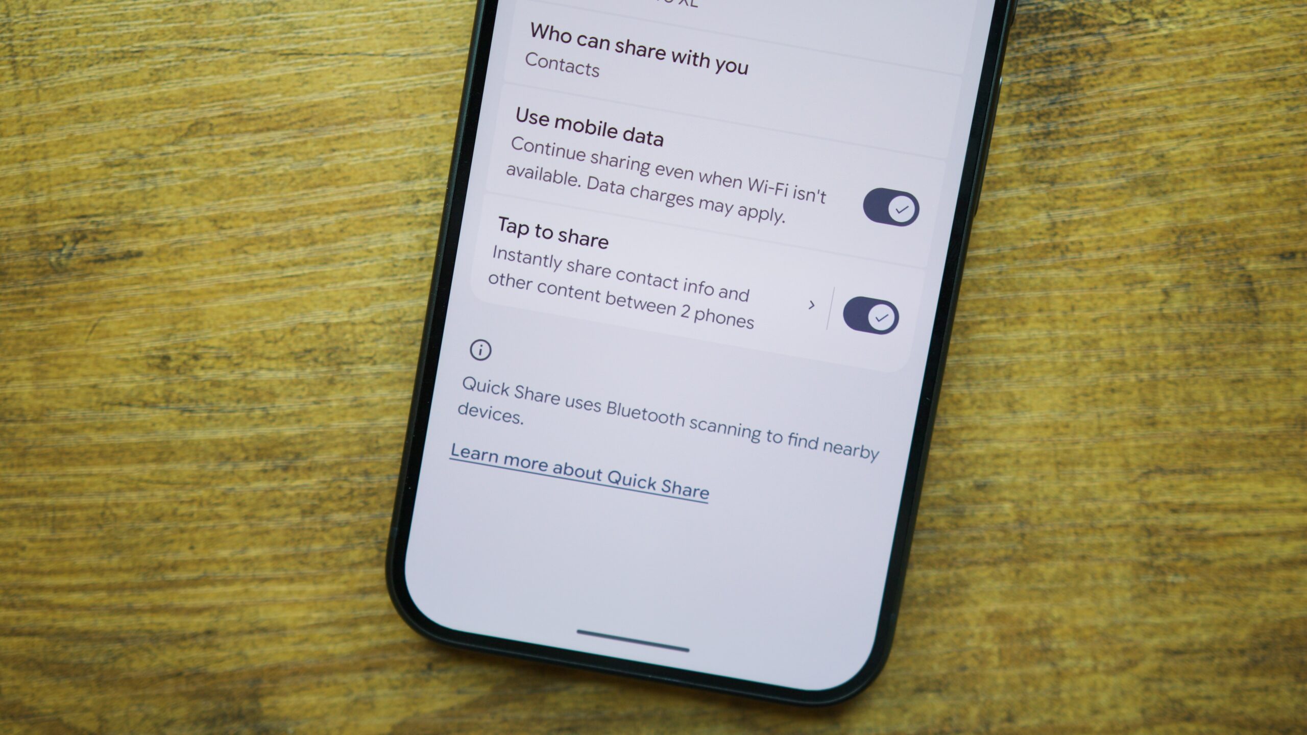 pixel 11 tap to share toggle off Tap to Share toggle on a Pixel 11 phone.