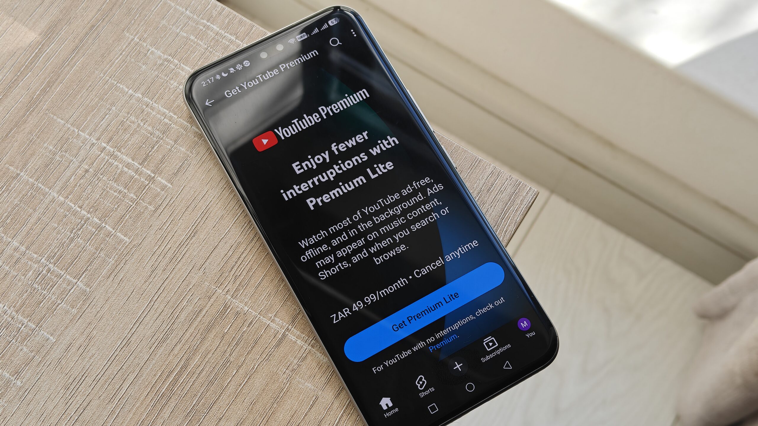 youtube premium lite subscription screen on smartphone