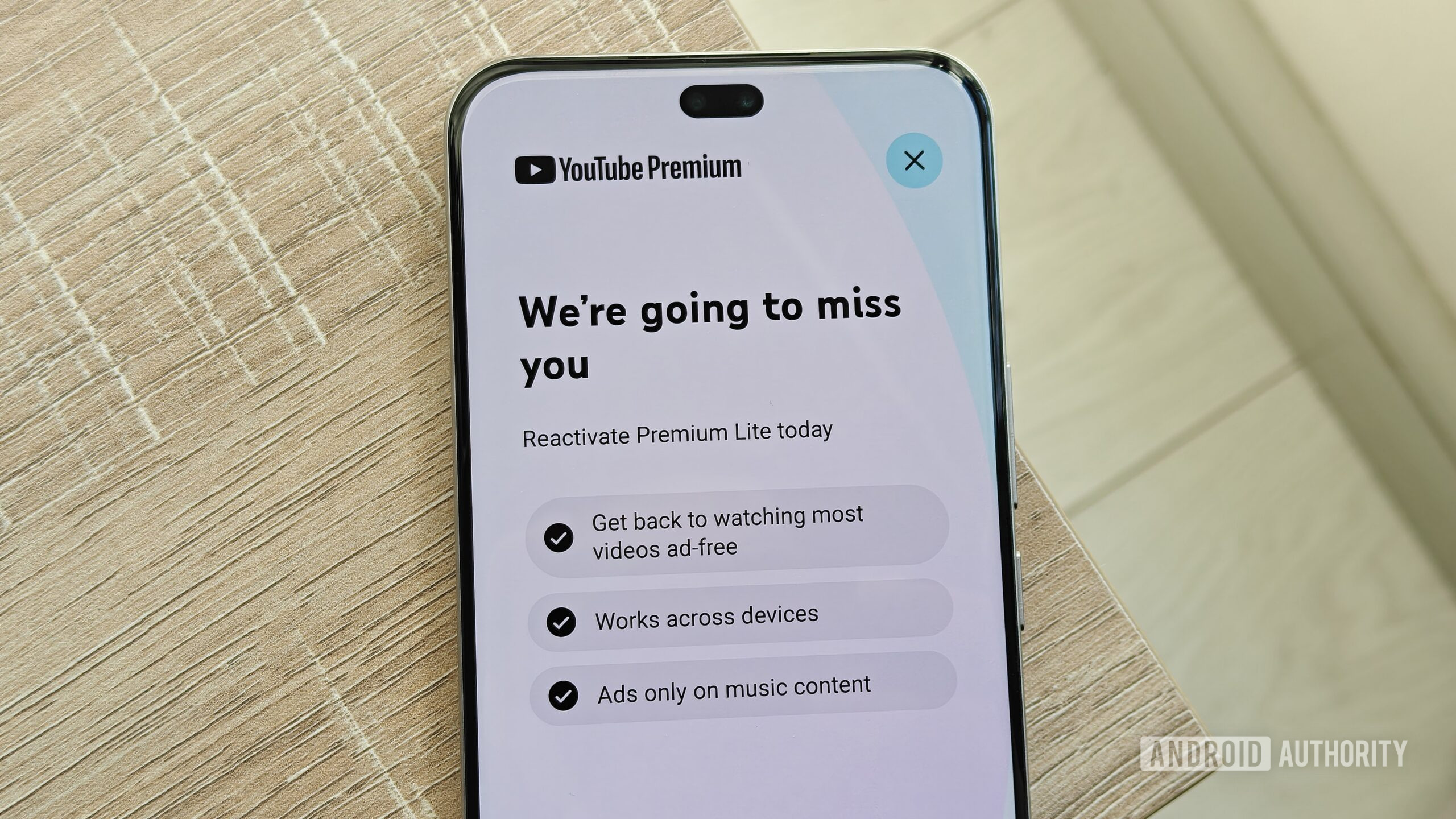 screen after cancelling youtube premium lite