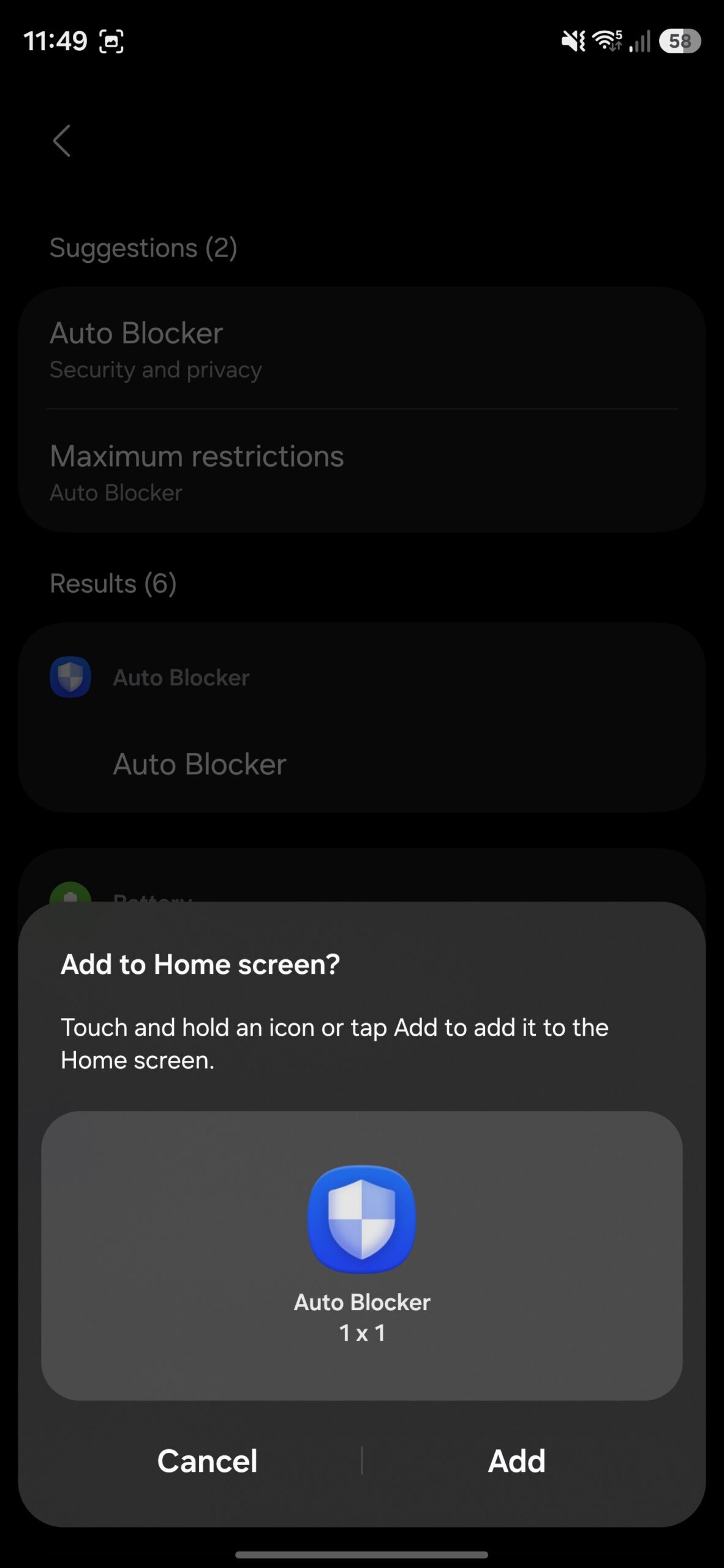 Add to Home screen prompt in Settings app on a Galaxy phone.