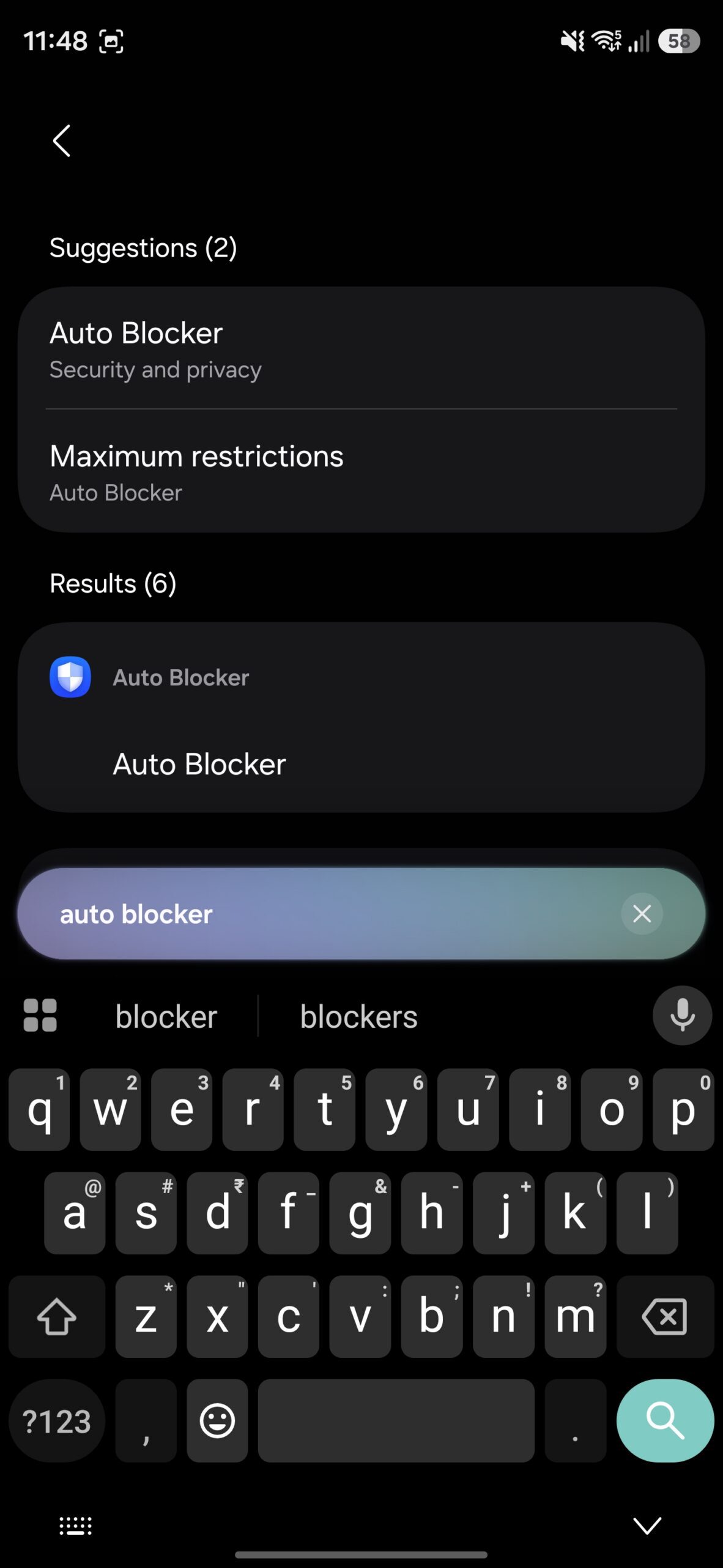 Searching for the Auto Blocker setting in Samsung Settings app.
