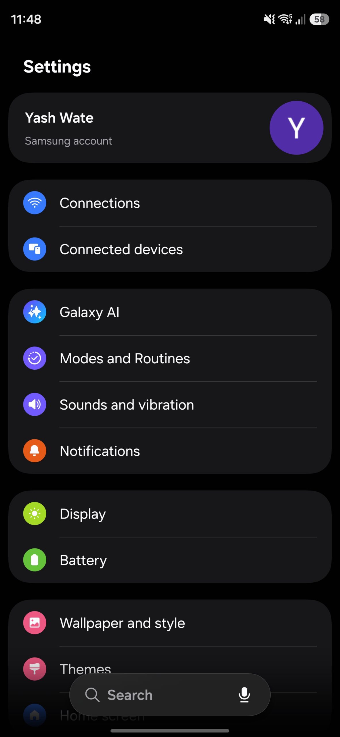 Settings app on a Galaxy phone.