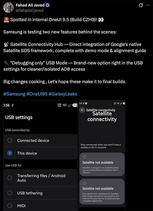 image de connectivité USB mode satellite One UI 9.5