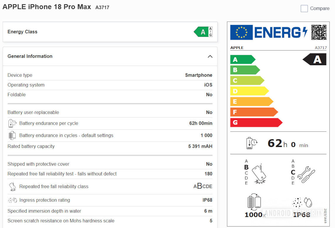 Apple iPhone 18 Pro Max EPREL database listing