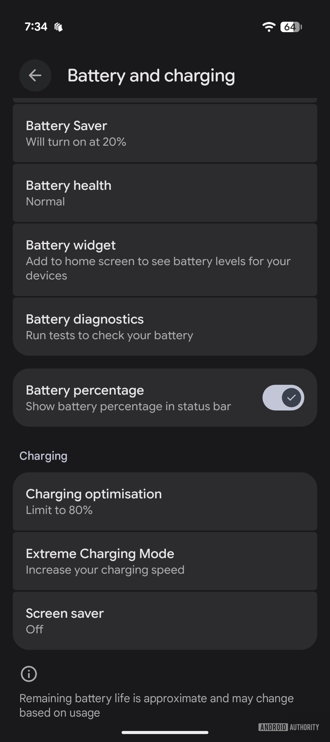 Battery and charging page on Google Pixel 11
