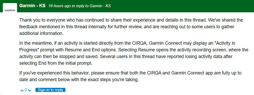 Garmin CIRQA activity loss bug
