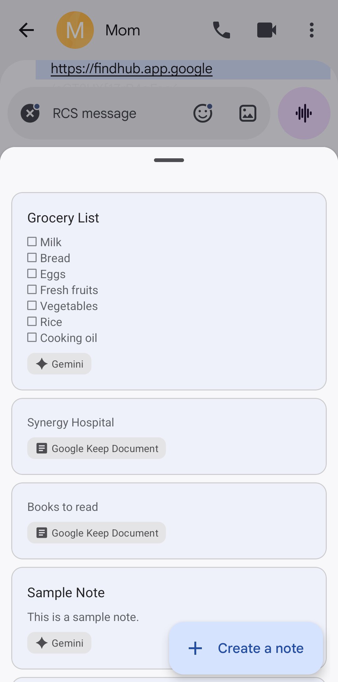 Google Keep note inside Google Messages