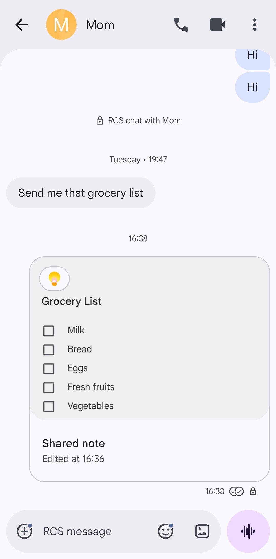 Google Keep note shared inside Google Messages