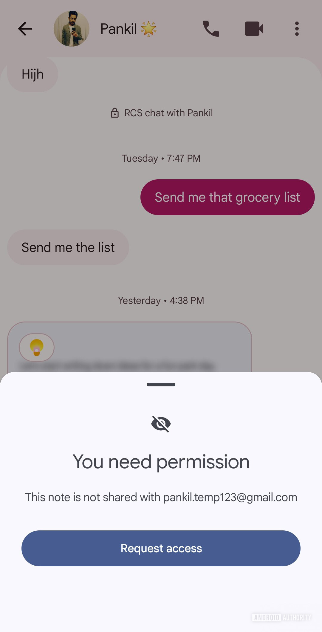 Google Messages app showing shared Keep note access request prompt
