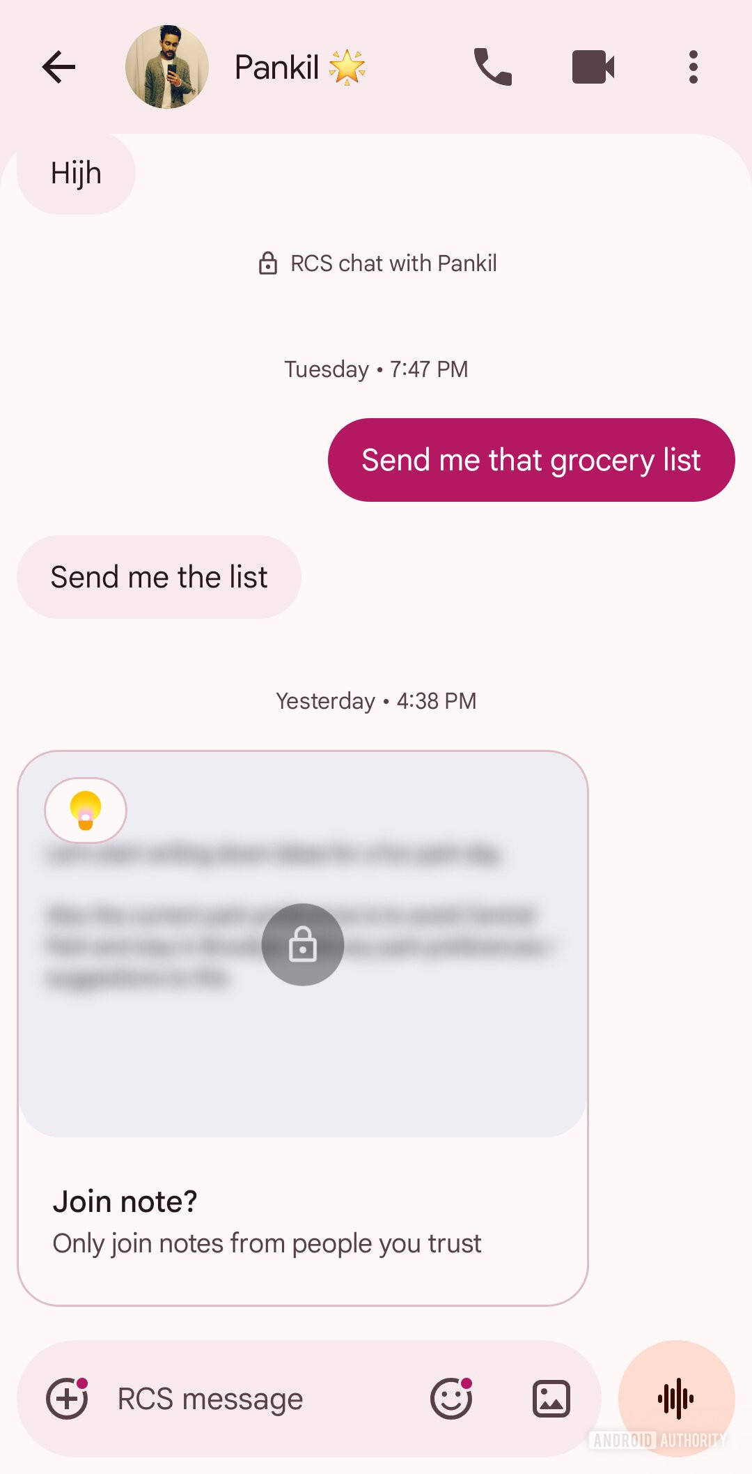 Google Messages app showing shared Keep note
