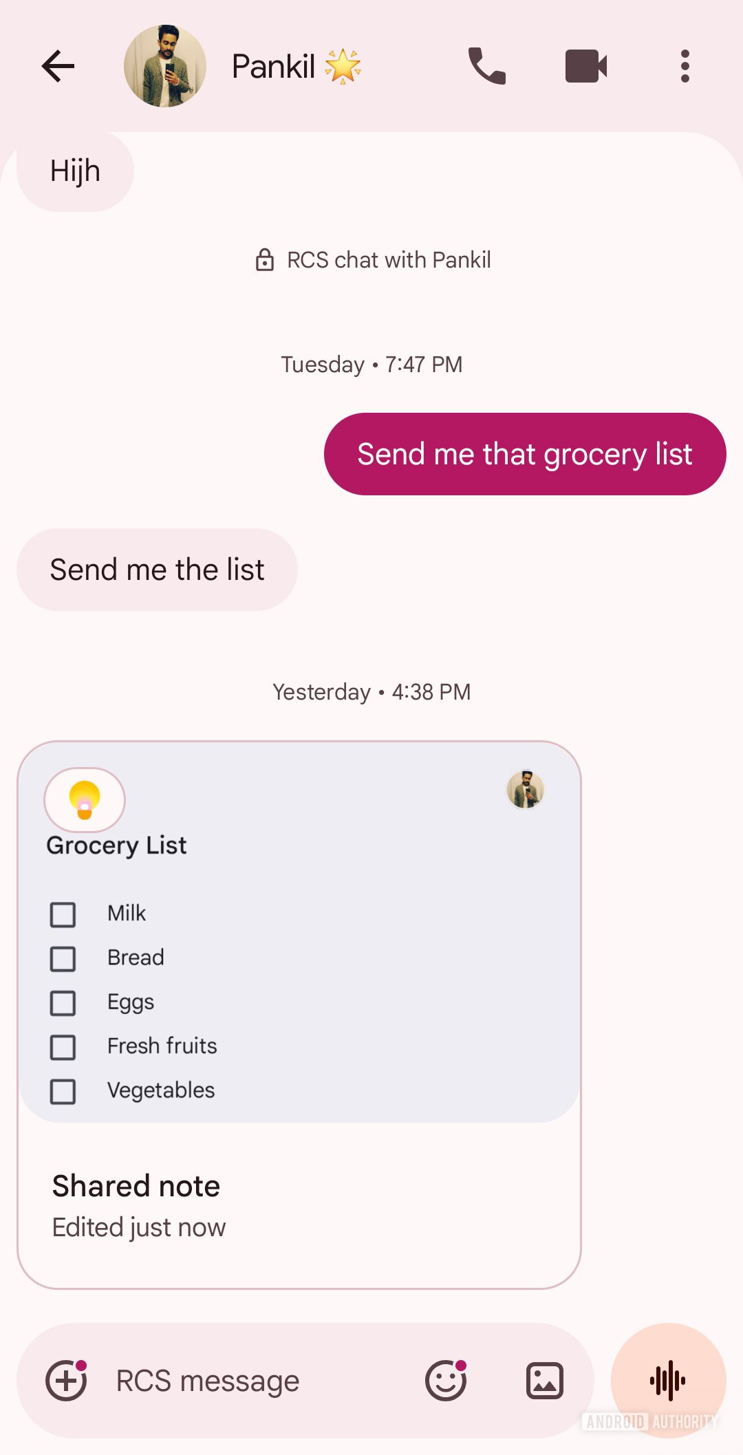 Google Messages showing shared Keep note