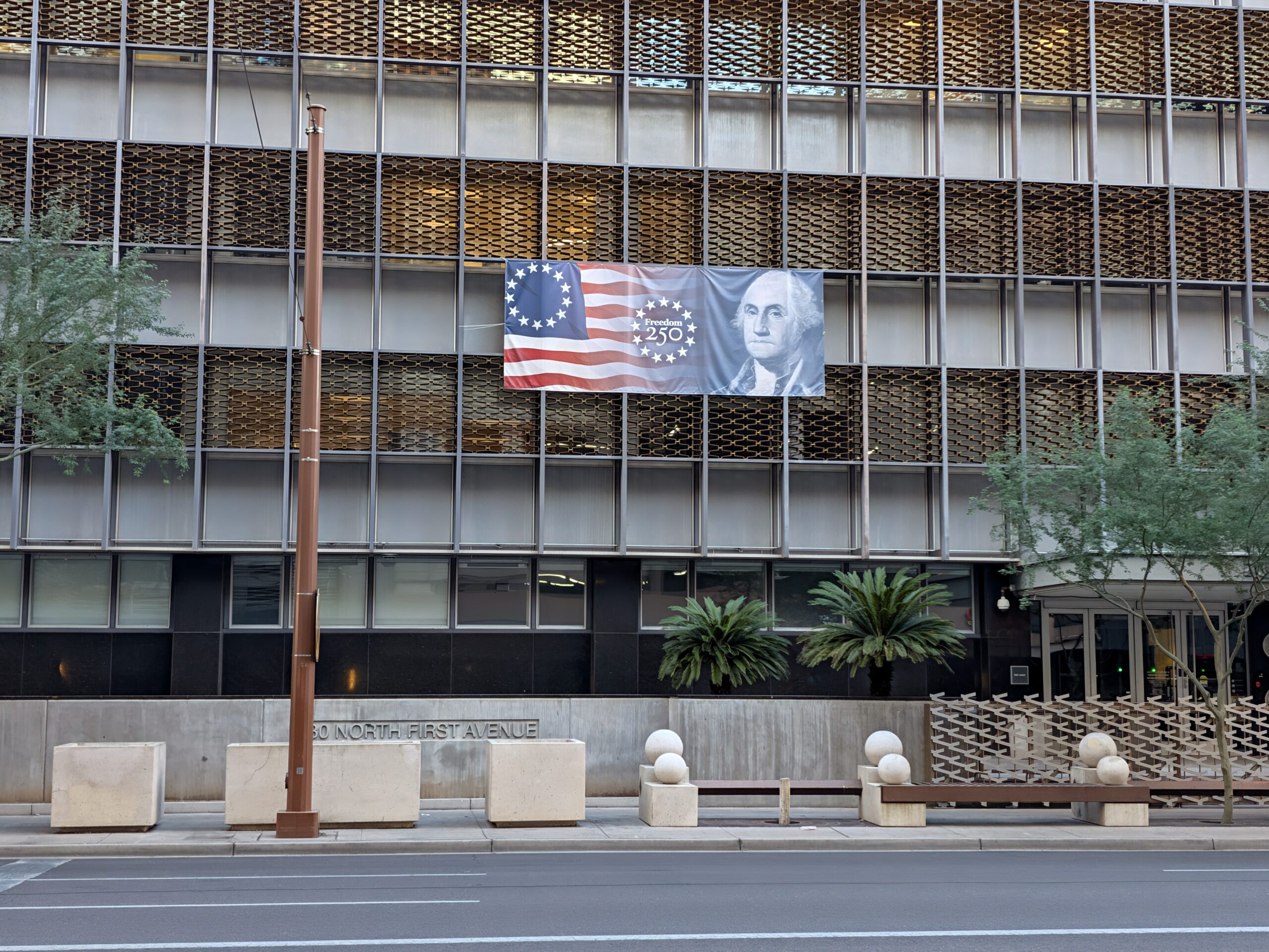 An America 250 banner as captured by the Pixel 11 camera.