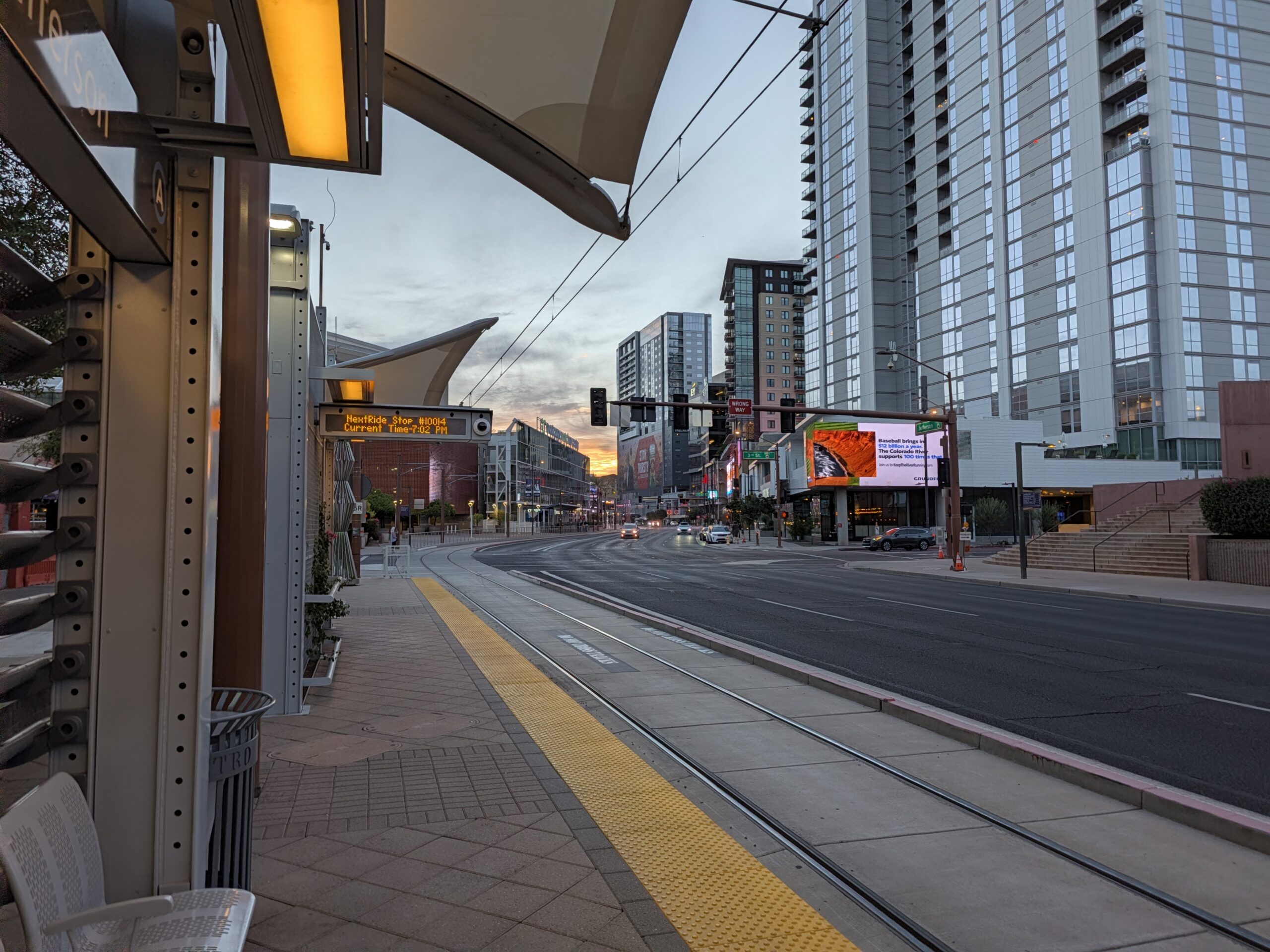 A train station at sunset as captured by the Pixel 11 camera.