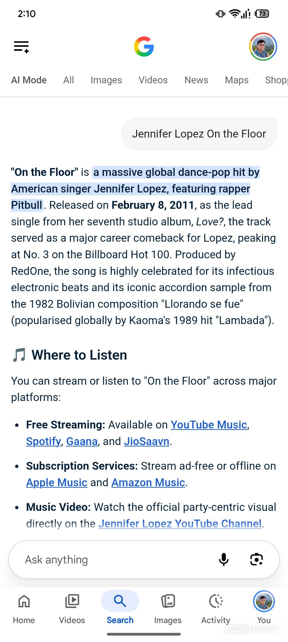 Google Song Search Notification Result AI Mode