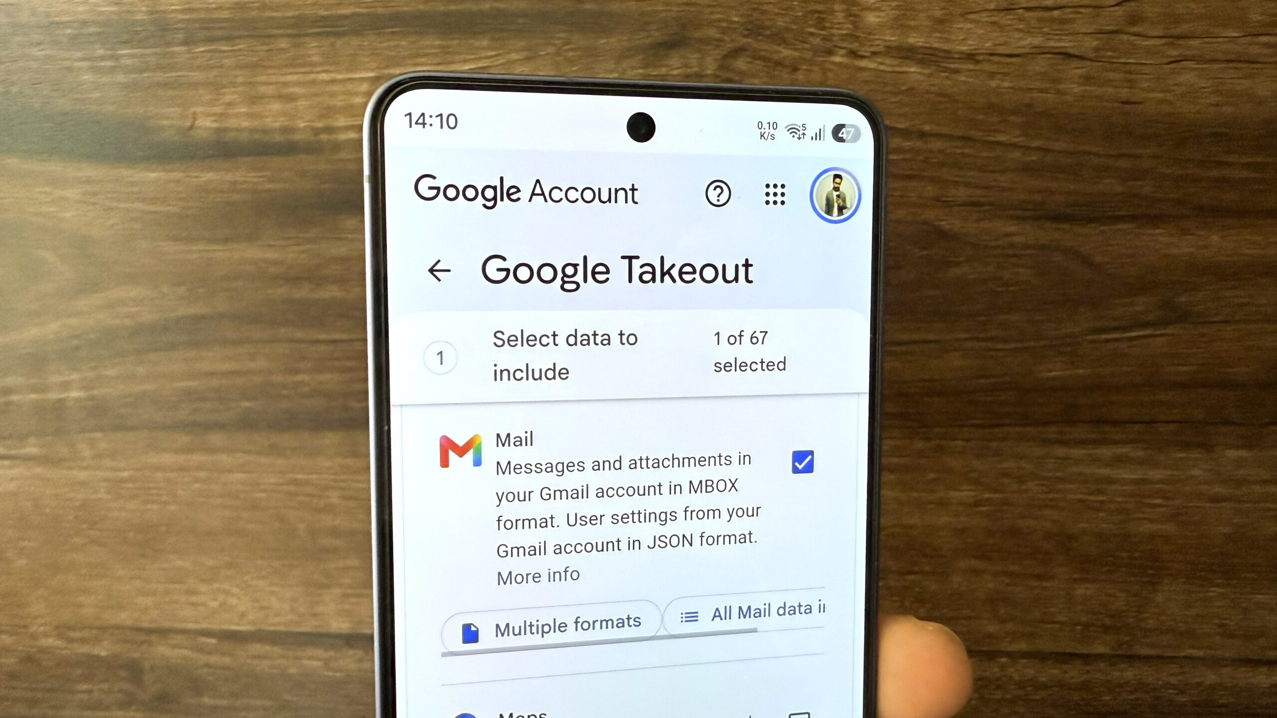 Google takeout on phone showing Gmail data Google takeout on phone showing Gmail data