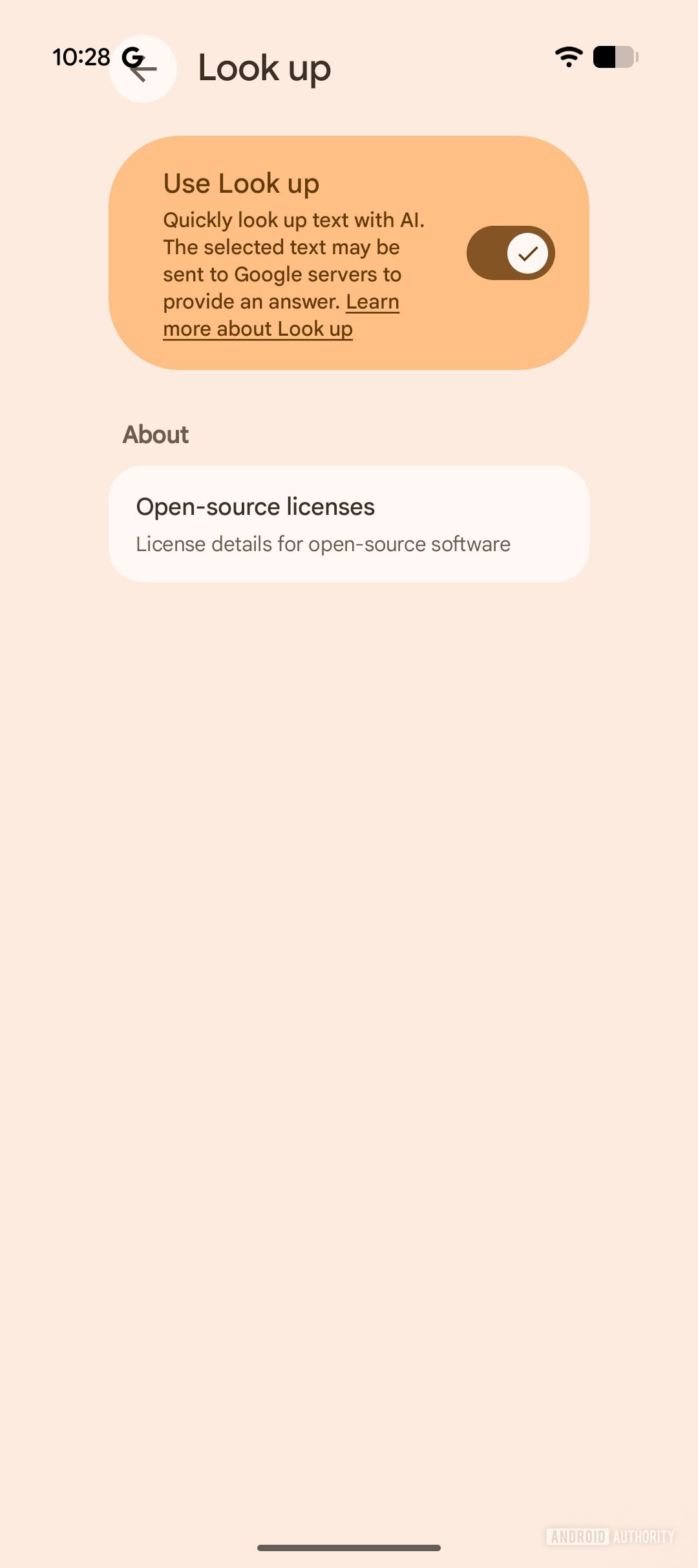 Googlebook Look Up app Settings Toggle