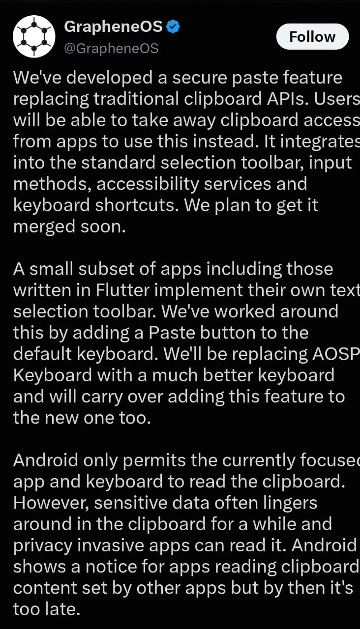 GrapheneOS secure paste clipboard