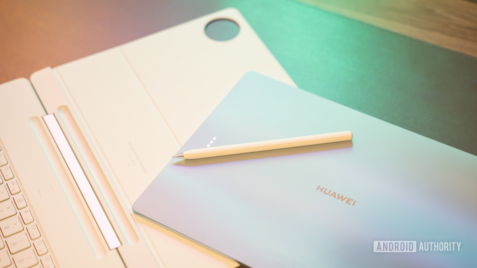 HUAWEI MatePad Pro Max next to M Pencil Pro and keyboard case 1