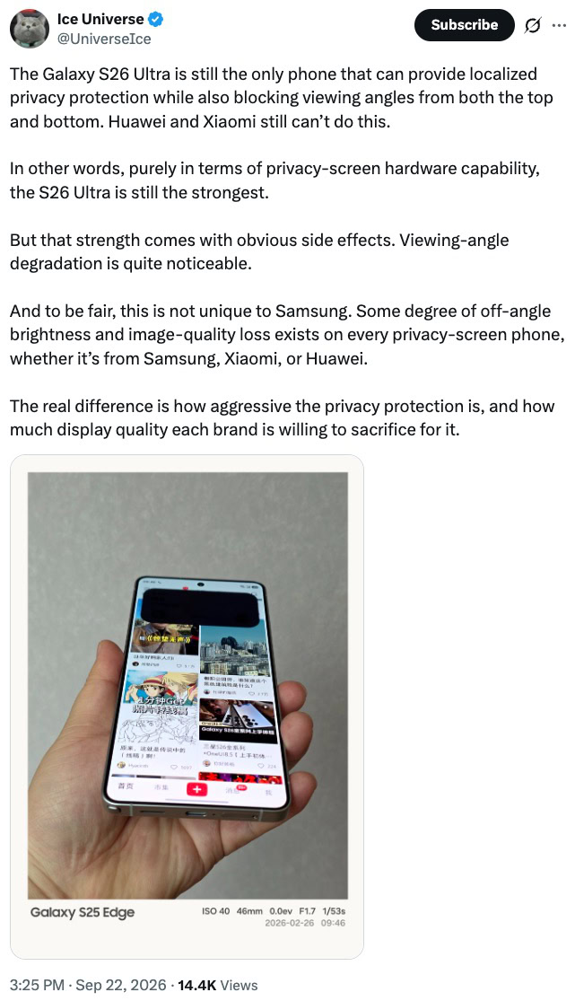 Ice Universe on Samsung Galaxy S26 Ultra's Privacy Display Ice Universe on Samsung Galaxy S26 Ultra's Privacy Display