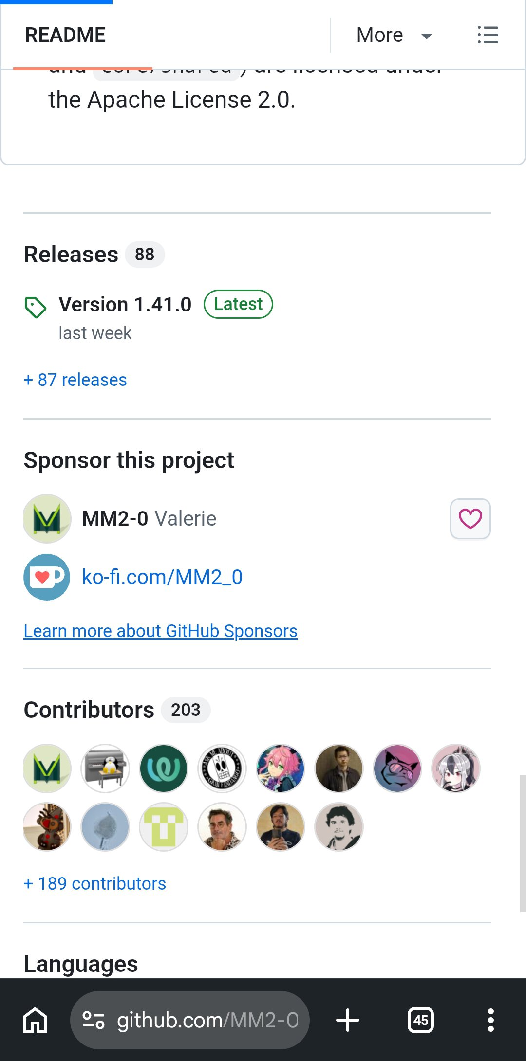 Kvaesitso GitHub page on Chrome for Android