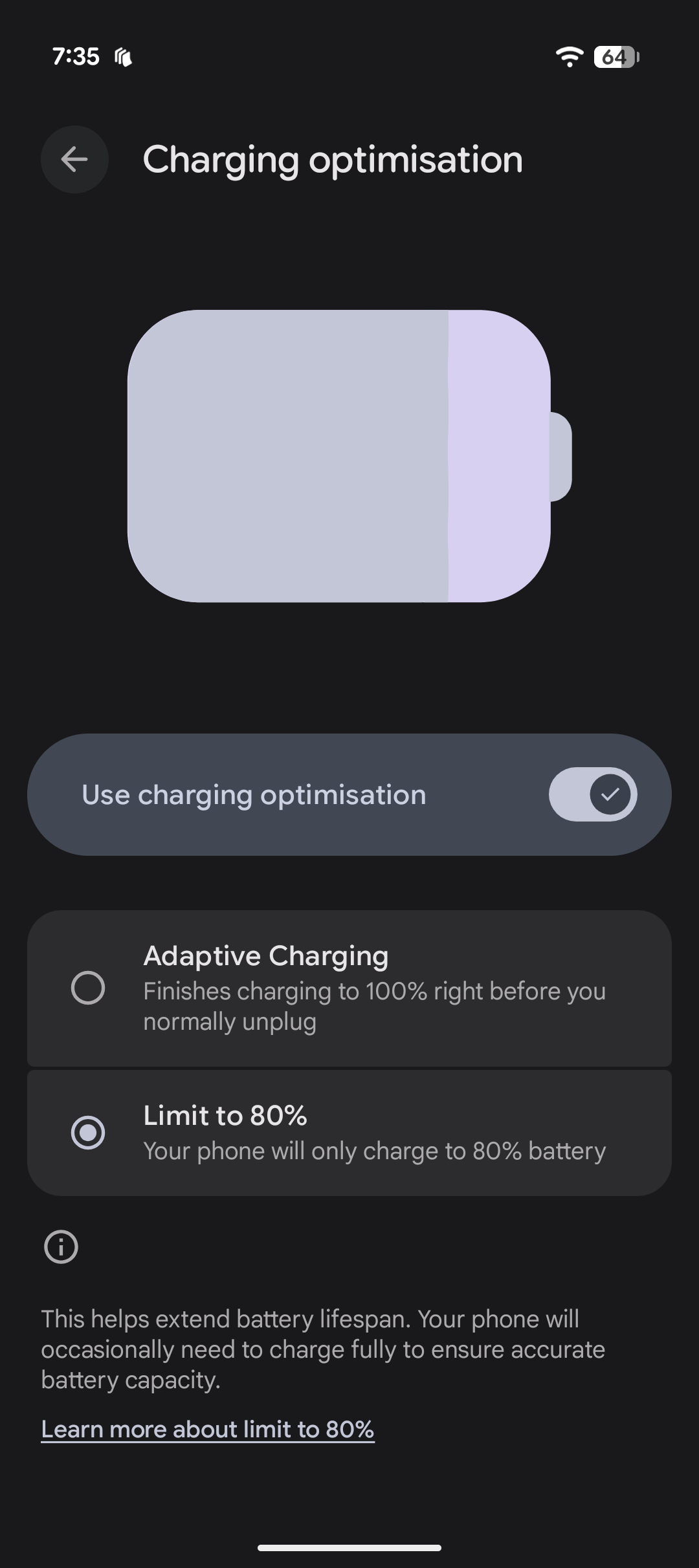 Limit to 80% charging on Google Pixel 11 enabled