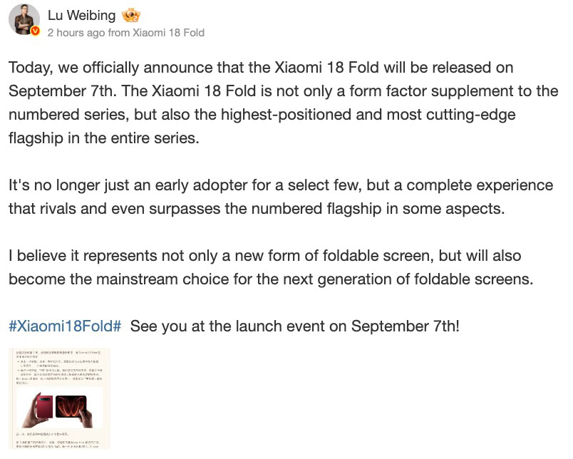 Lu Weibing officially announcing Xiaomi 18 Fold launch Lu Weibing officially announcing Xiaomi 18 Fold launch