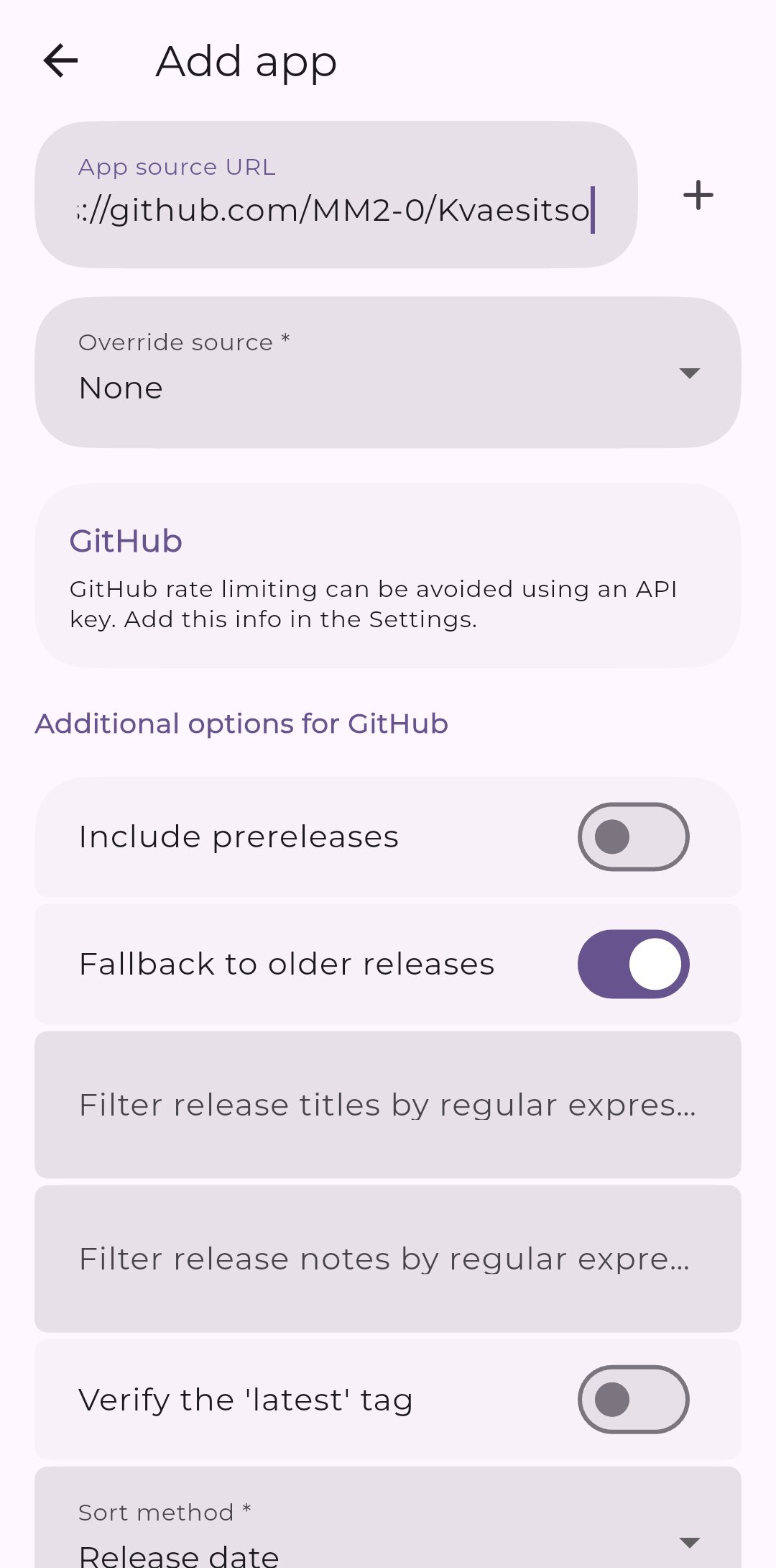 Obtainium app add app screen on Android phone