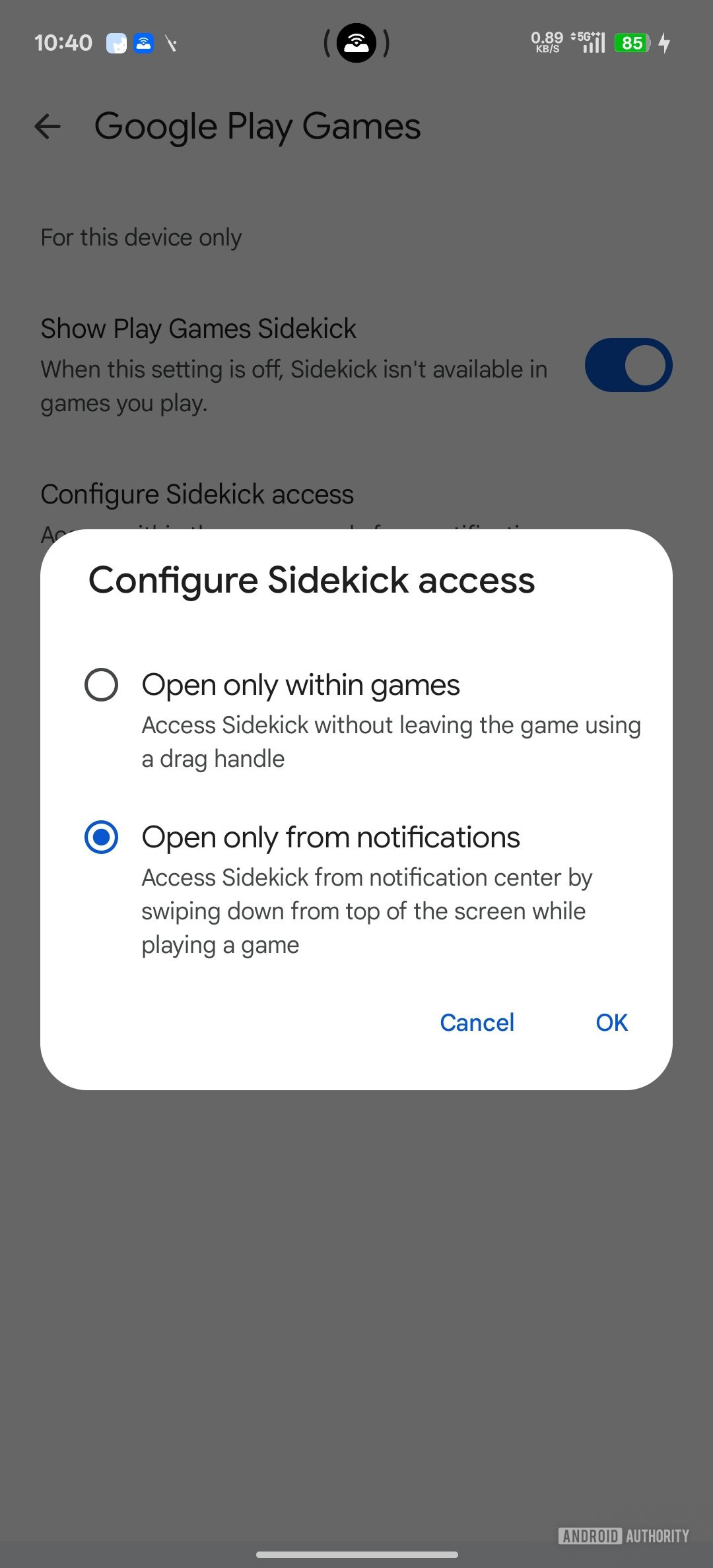 Play Games Configure Sidekick access