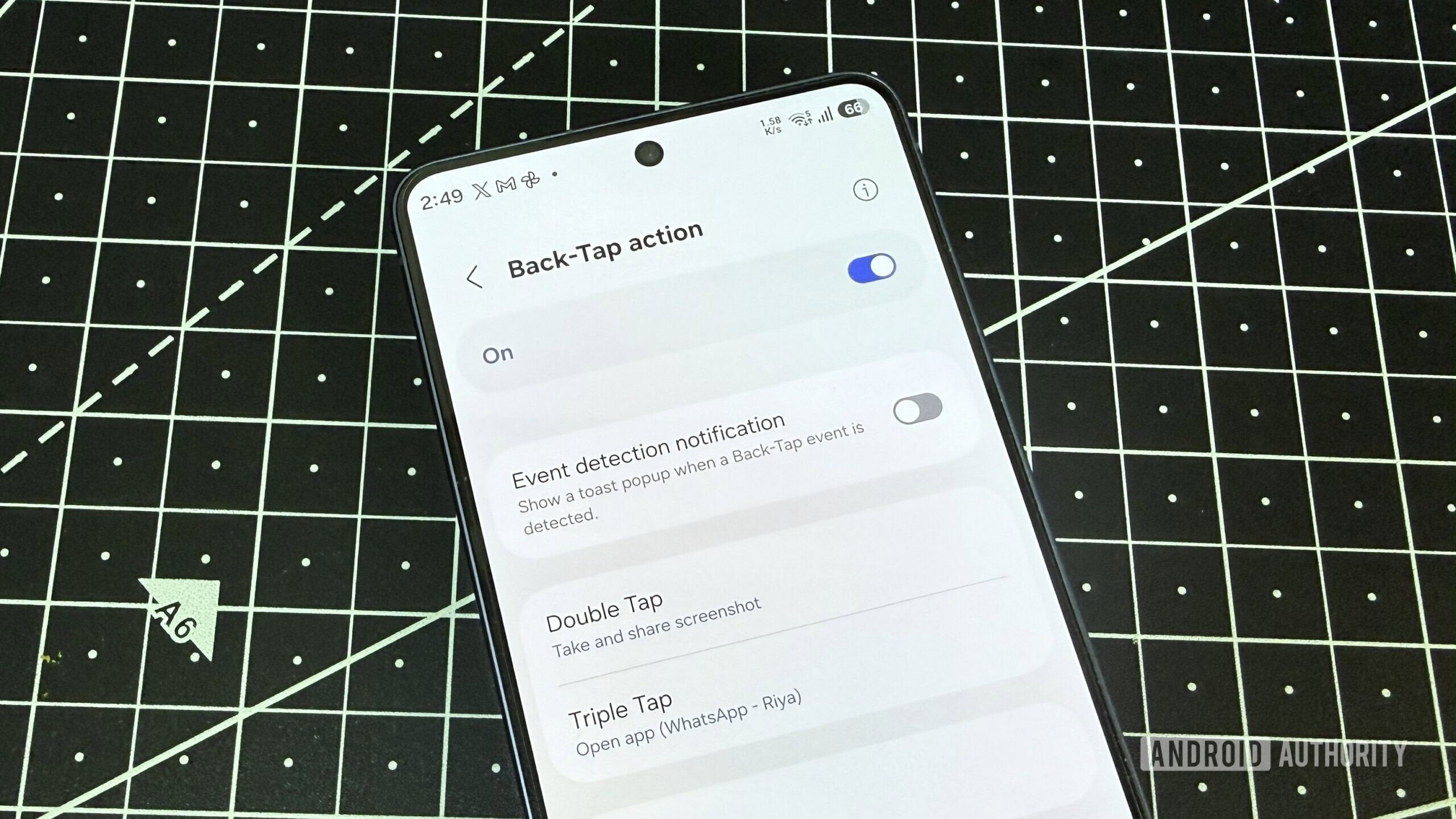 Samsung phone showing back tap settings inside RegiStar module
