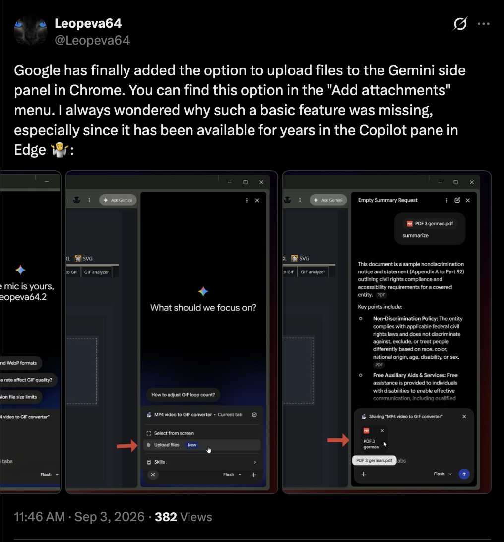 Gemini in Chrome side panel - add attachments menu