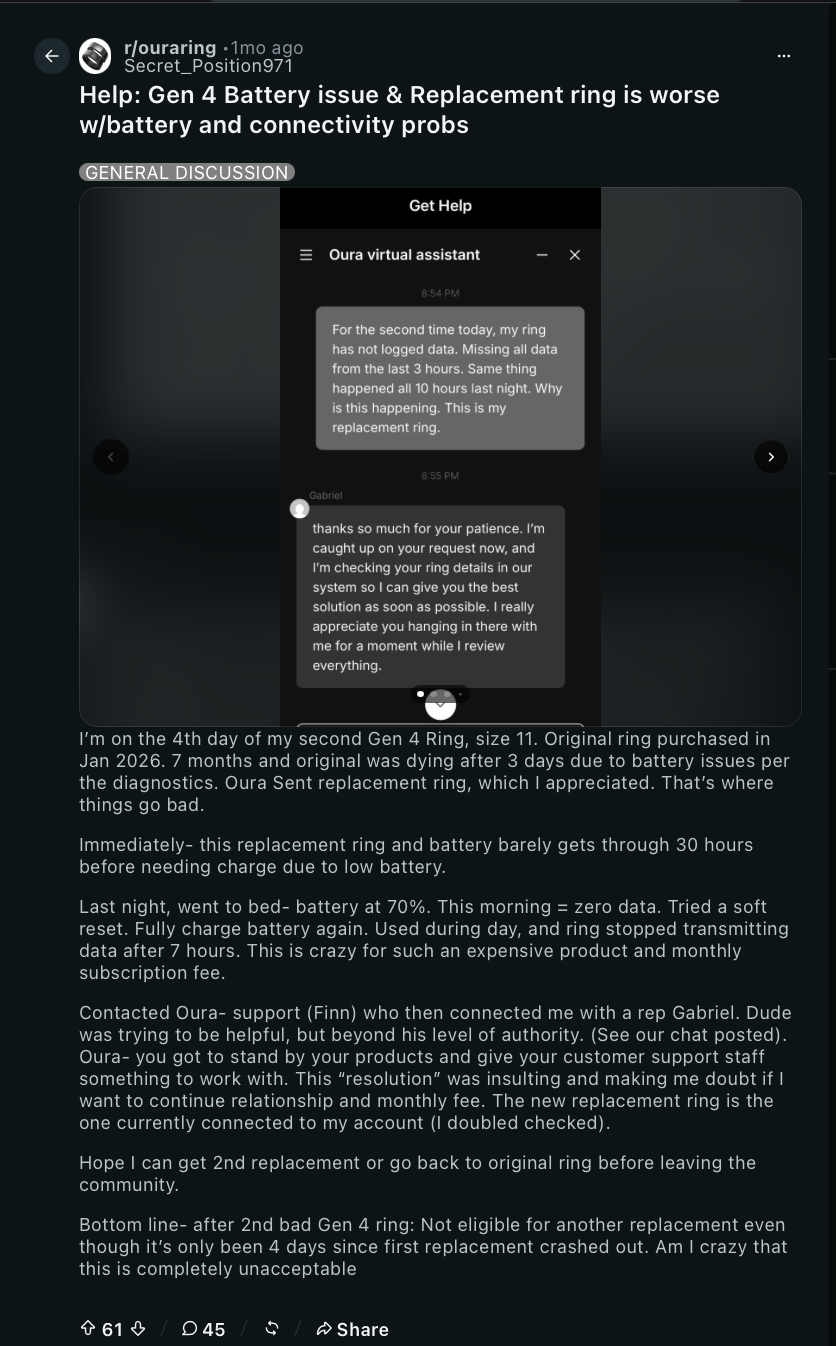 Oura Ring 4 battery issues posted on Reddit