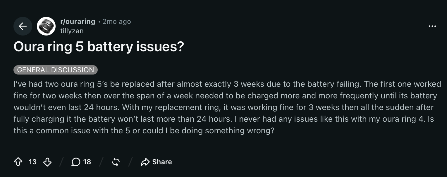 Oura Ring 5 battery problems on Reddit
