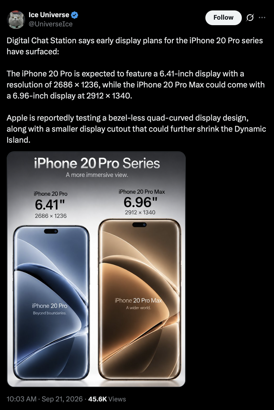 iPhone 20 Pro series leaked display information and image shared by Ice Universe on X