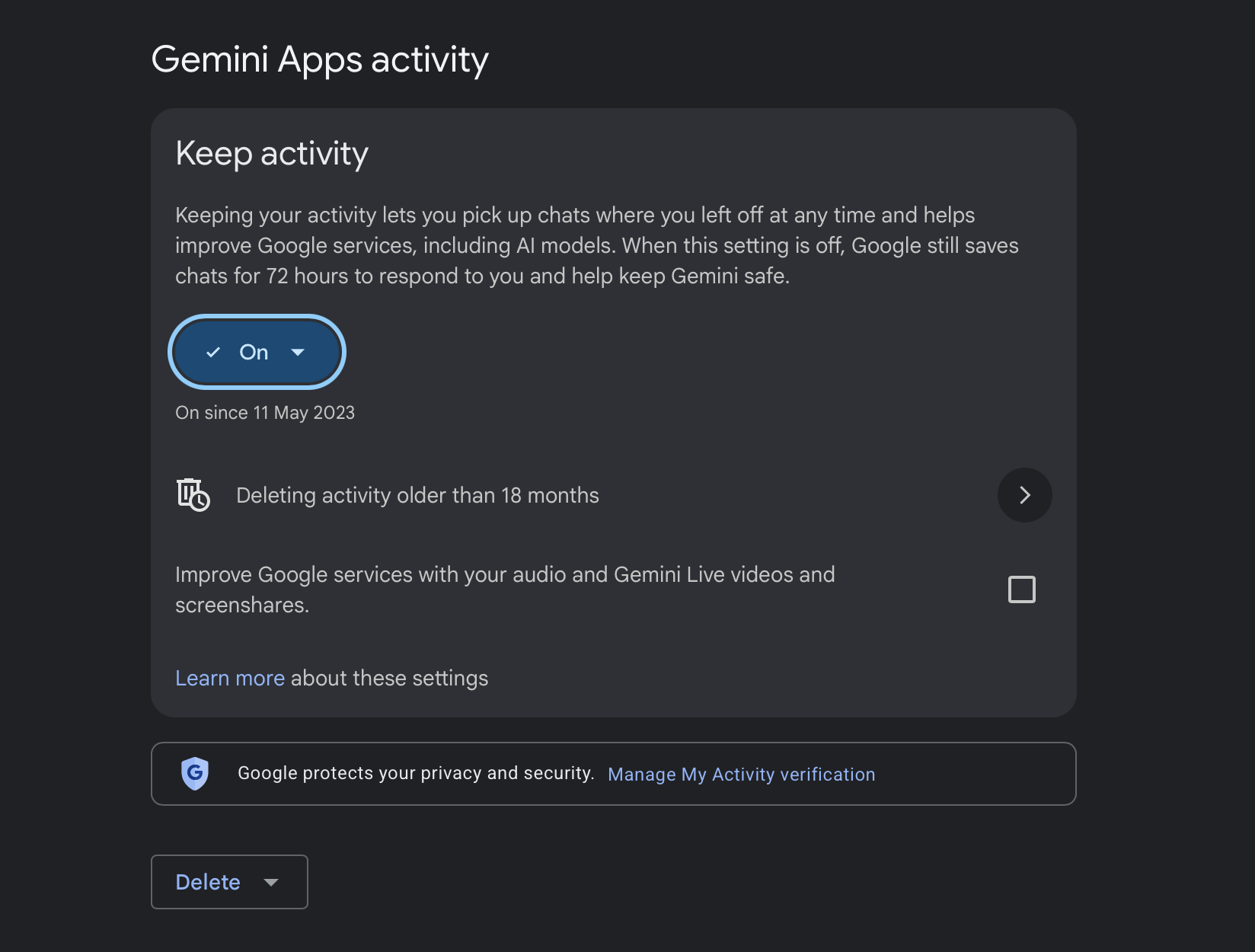 Gemini Apps activity turned on