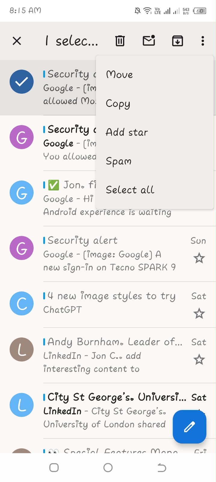 Screenshot showing how to filter or organize emails on Thunderbird