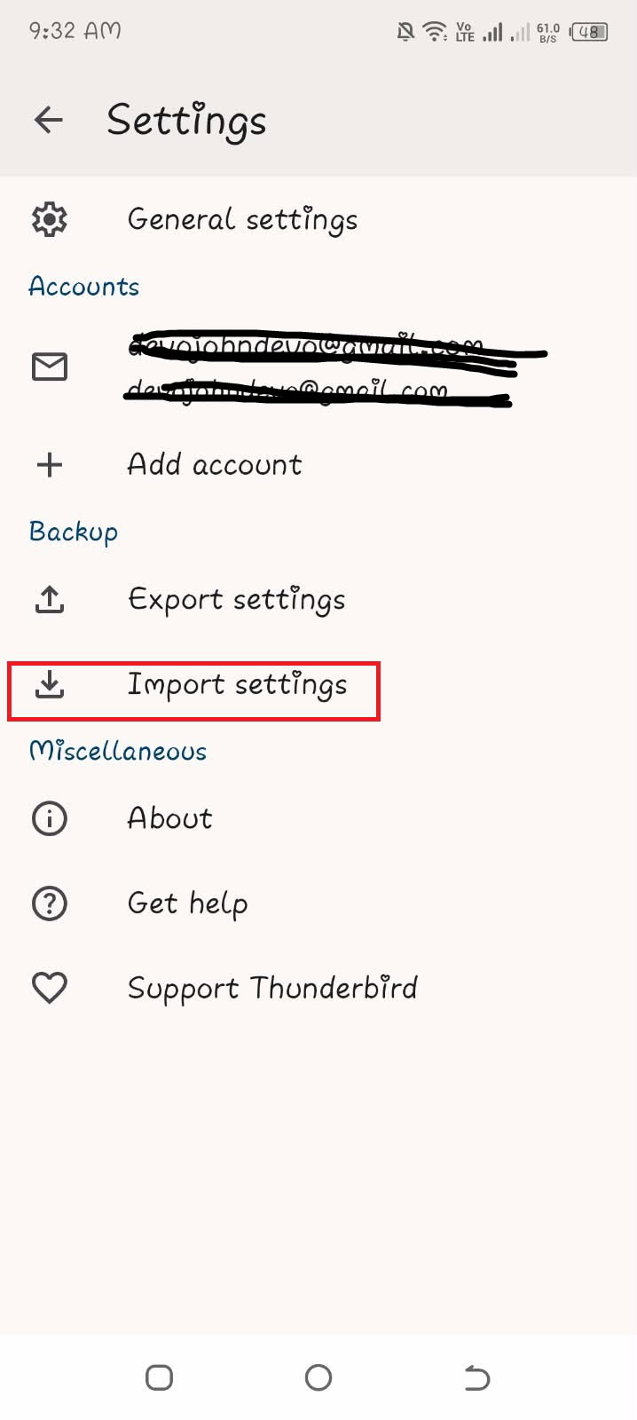 Screenshot showing import settings on Thunderbird