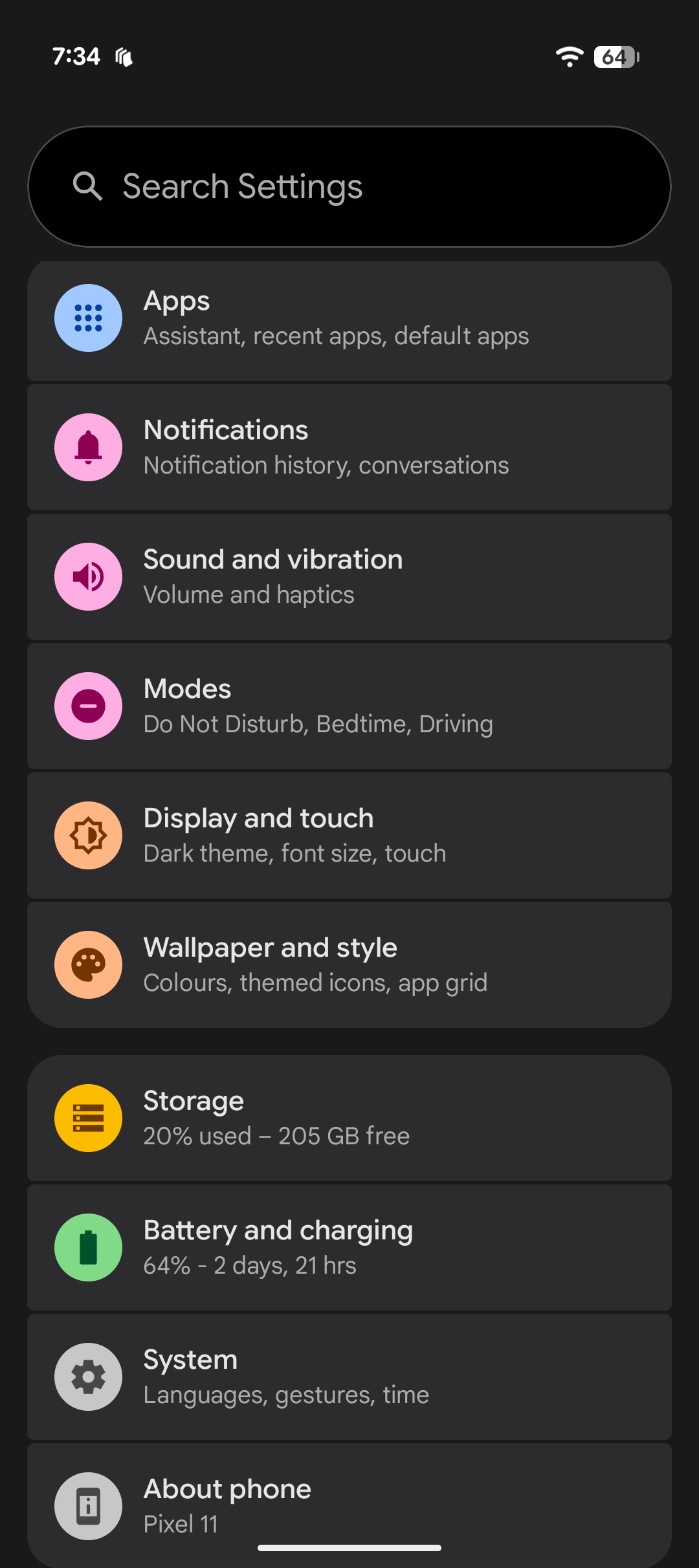 Settings app on the Google Pixel 11