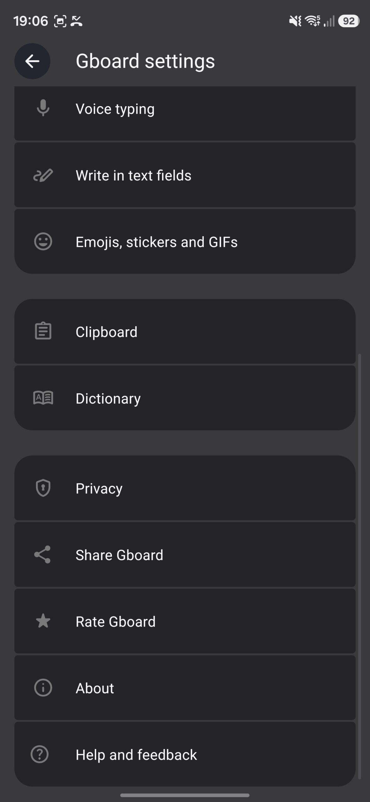 Gboard Android app settings page.