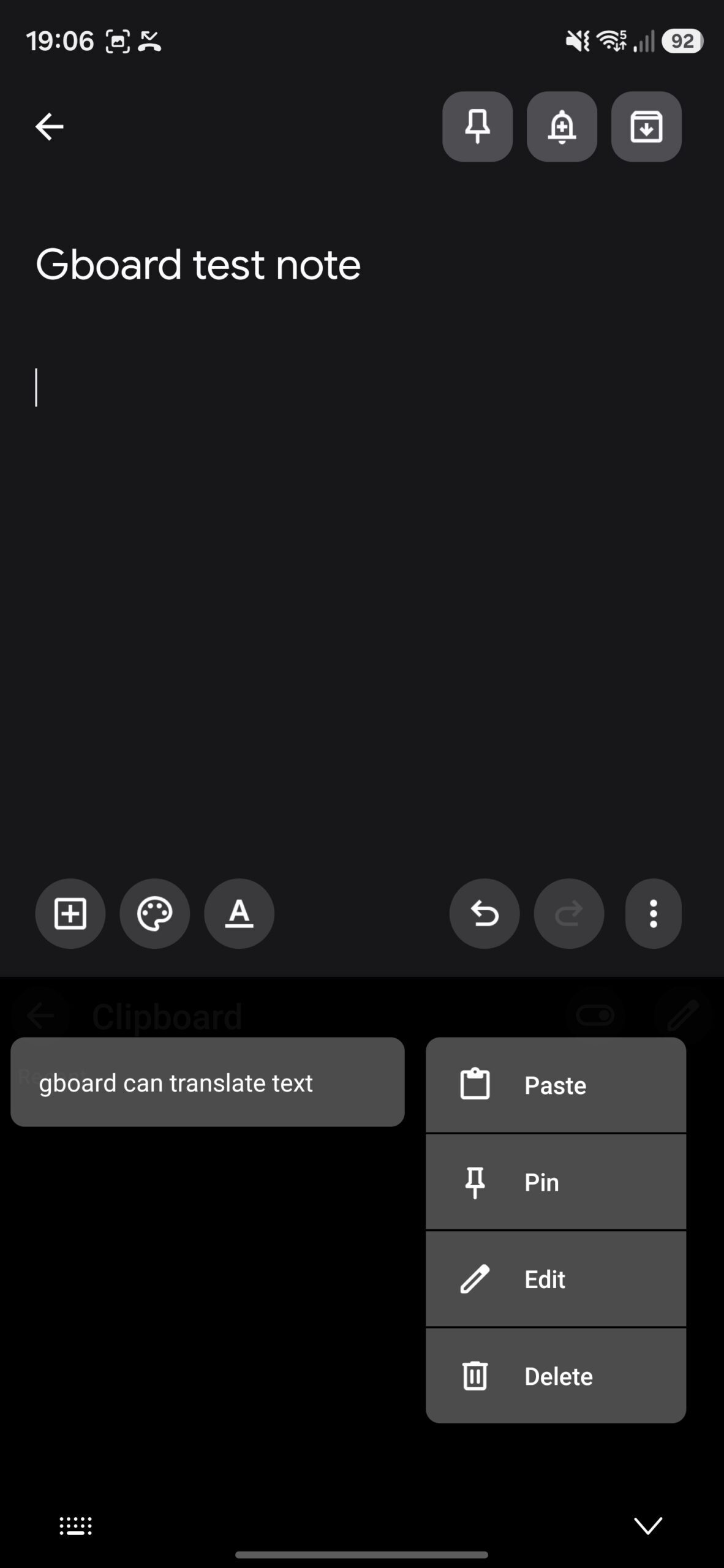 Long tap menu options on a copied text in Gboard clipboard.
