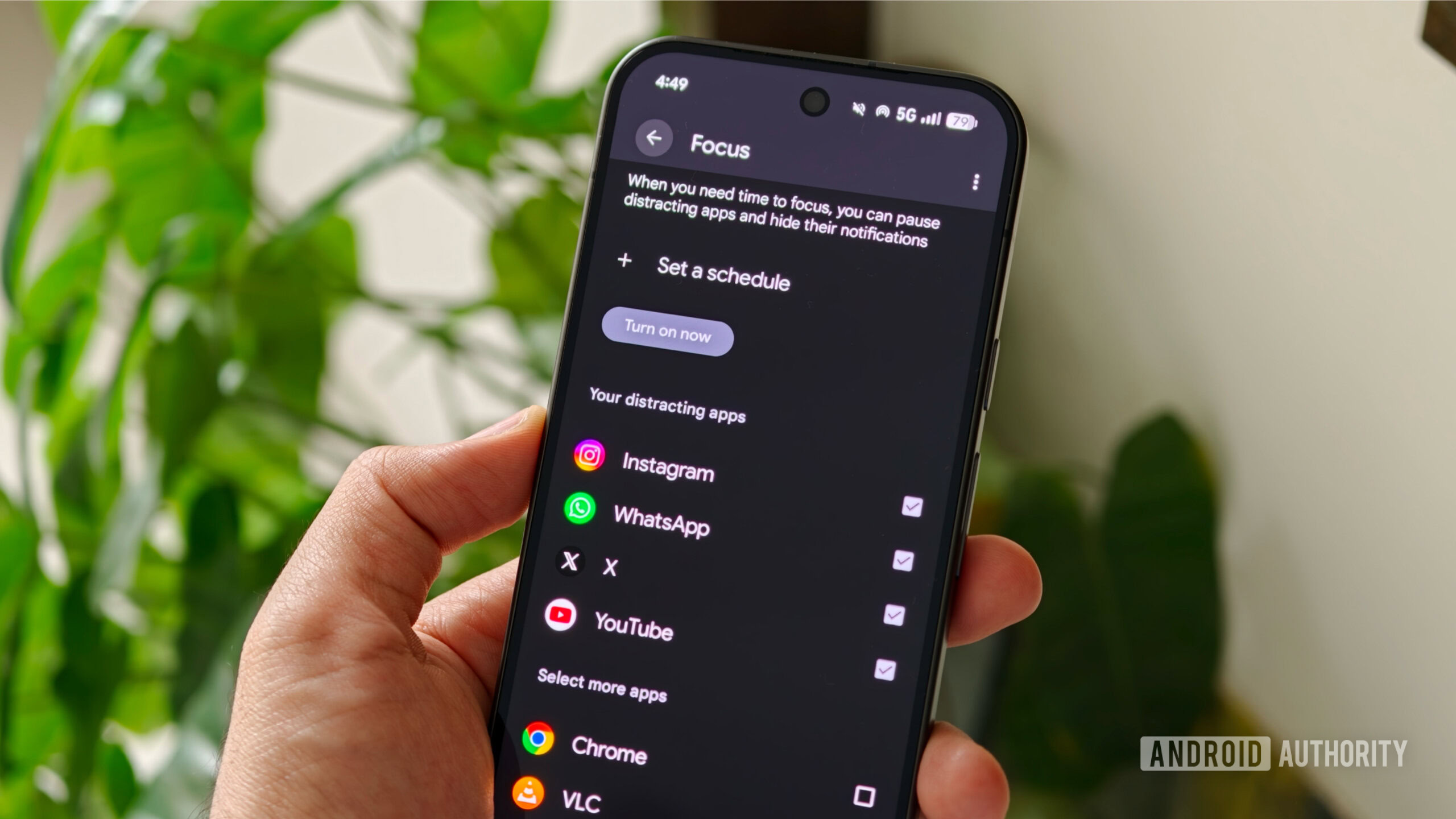 android quick settings tiles 5 A smartphone screen displaying the Digital Wellbeing Focus mode menu with checklists to pause distracting apps like Instagram, WhatsApp, and YouTube