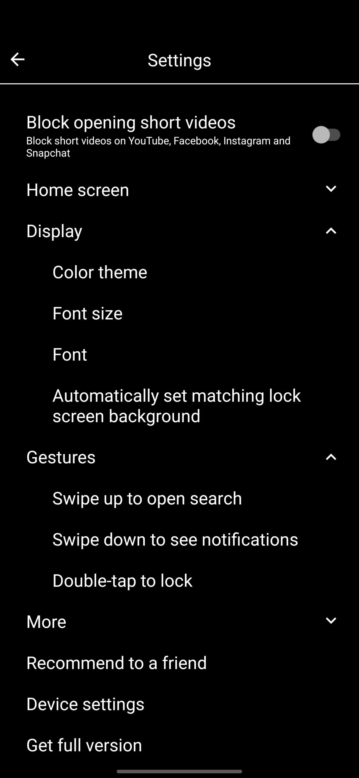 Expanded display and gestures tabs on minimalist phone: Launcher settings page.