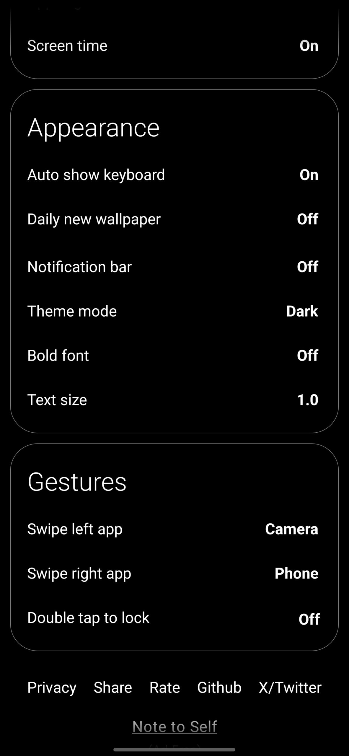 Olauncher appearance and gesture settings.