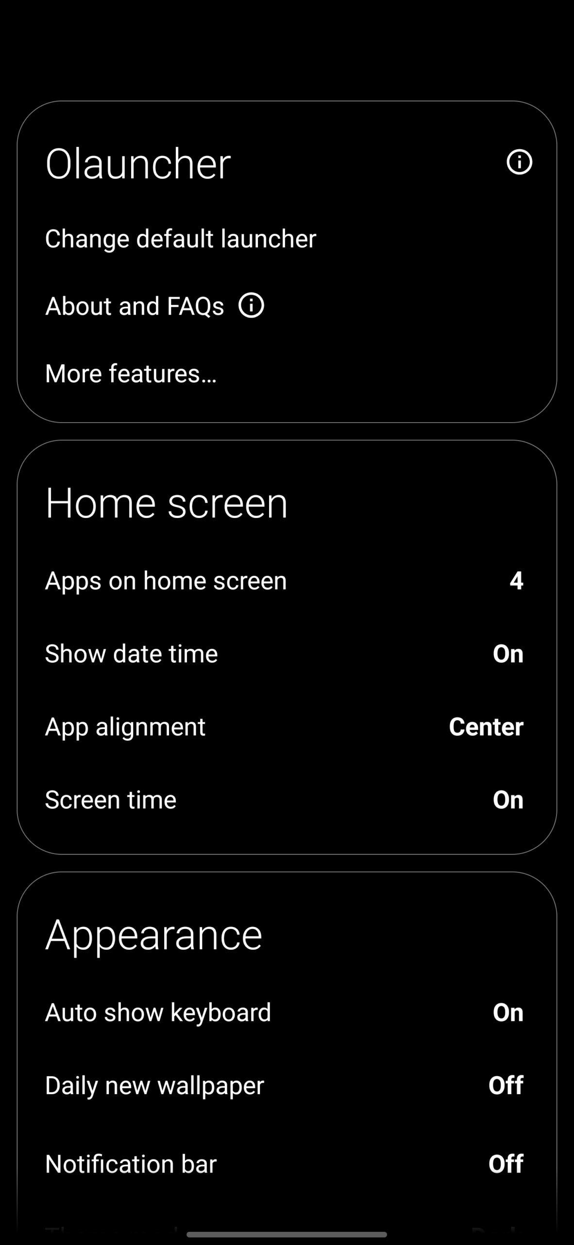 Olauncher settings page.