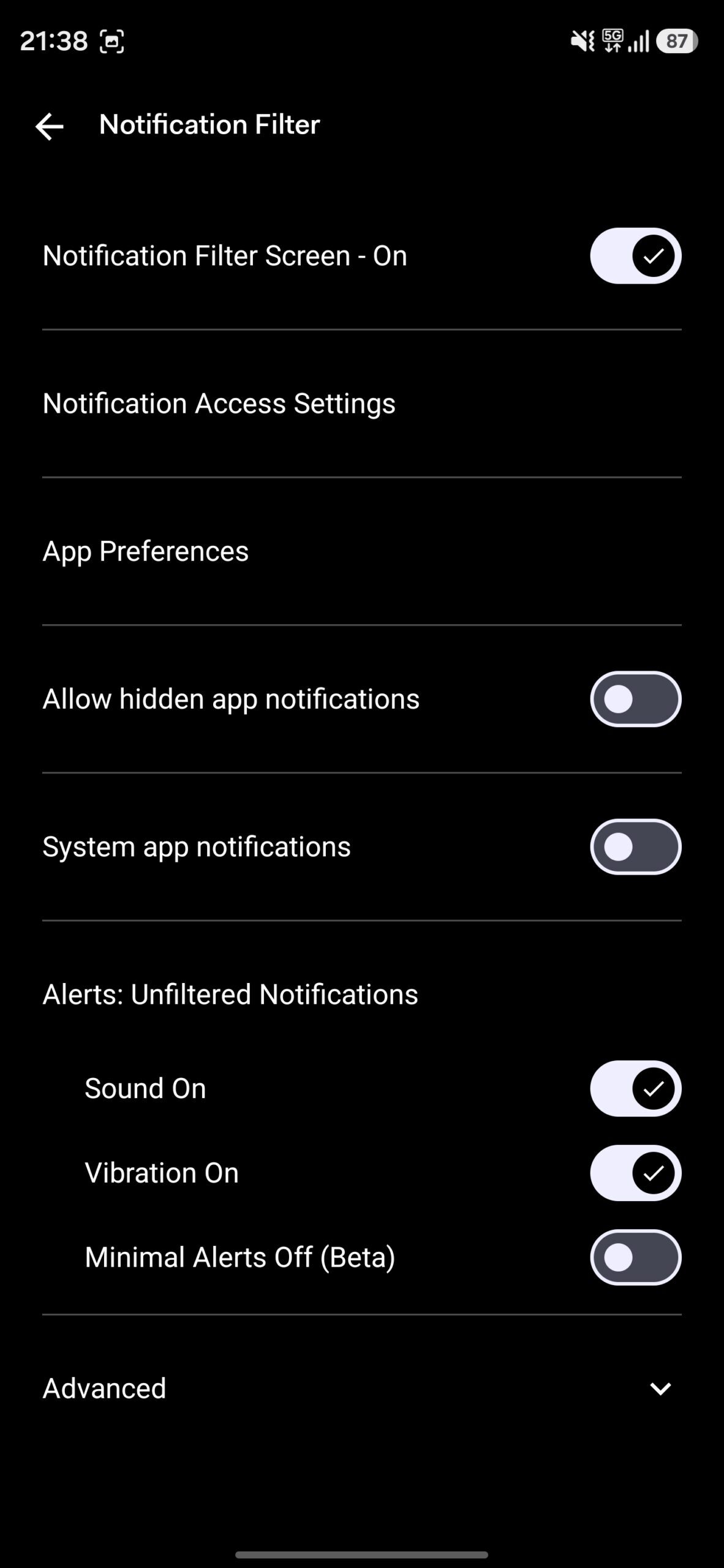 Notification filter options and settings.