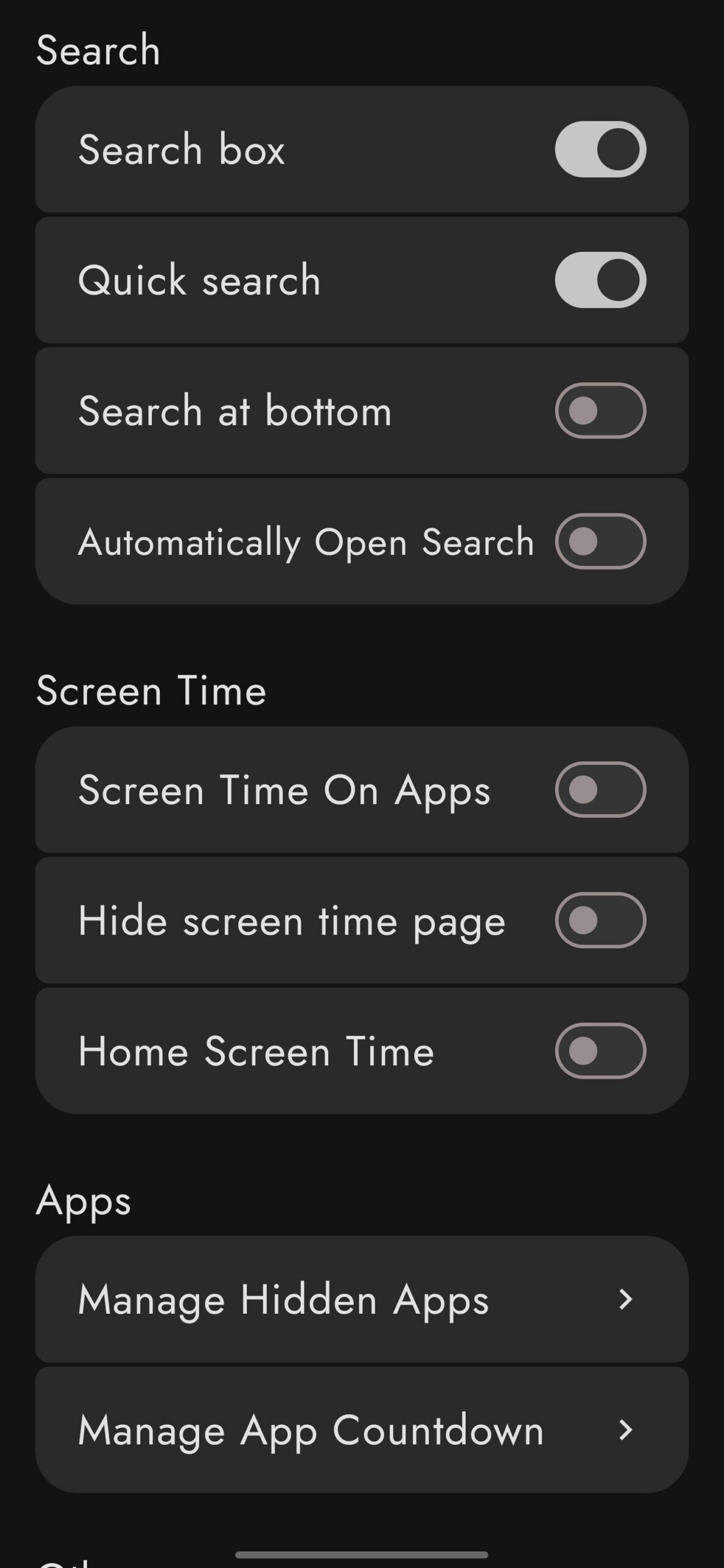 Search, screen time, and apps options in Escape Launcher settings.