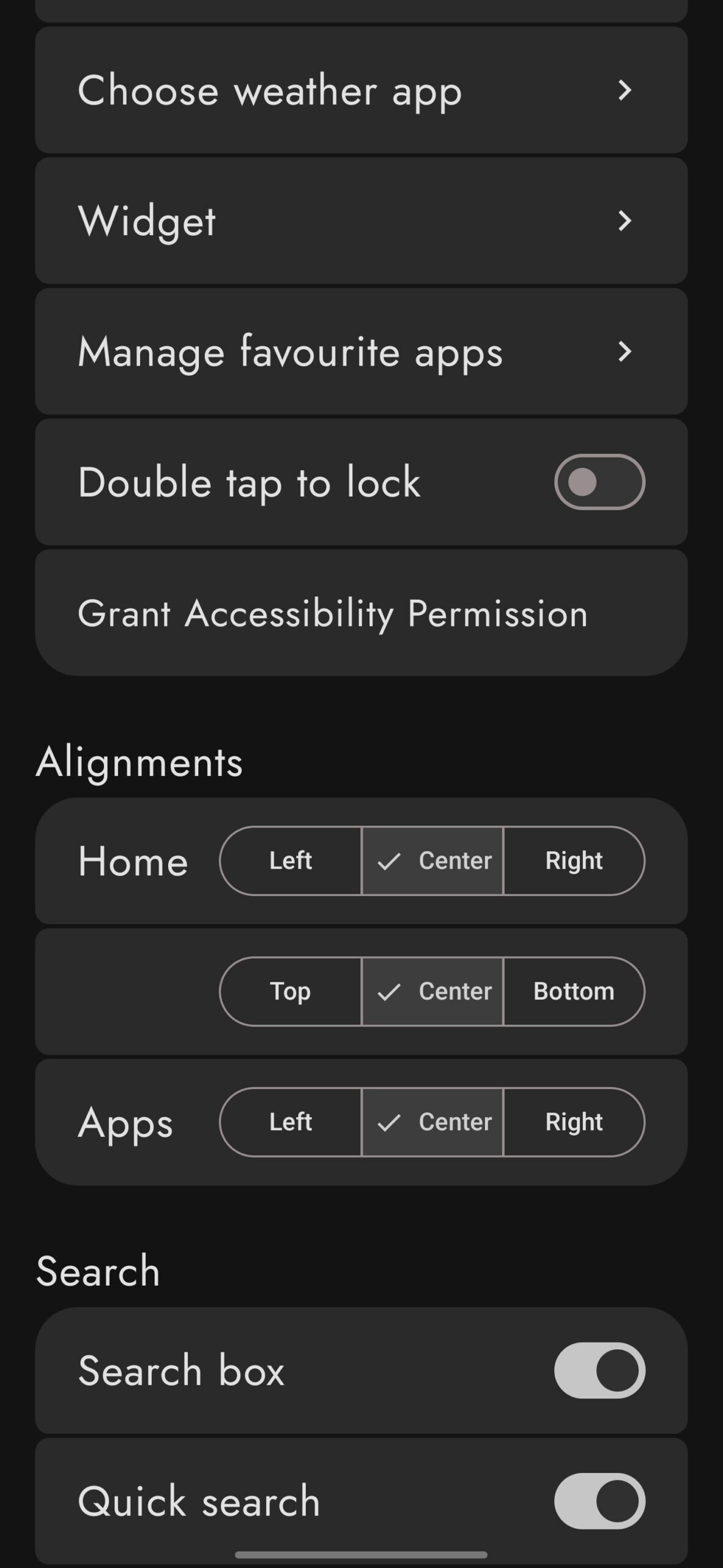 Weather, alignment, and search options in Escape Launcher settings.