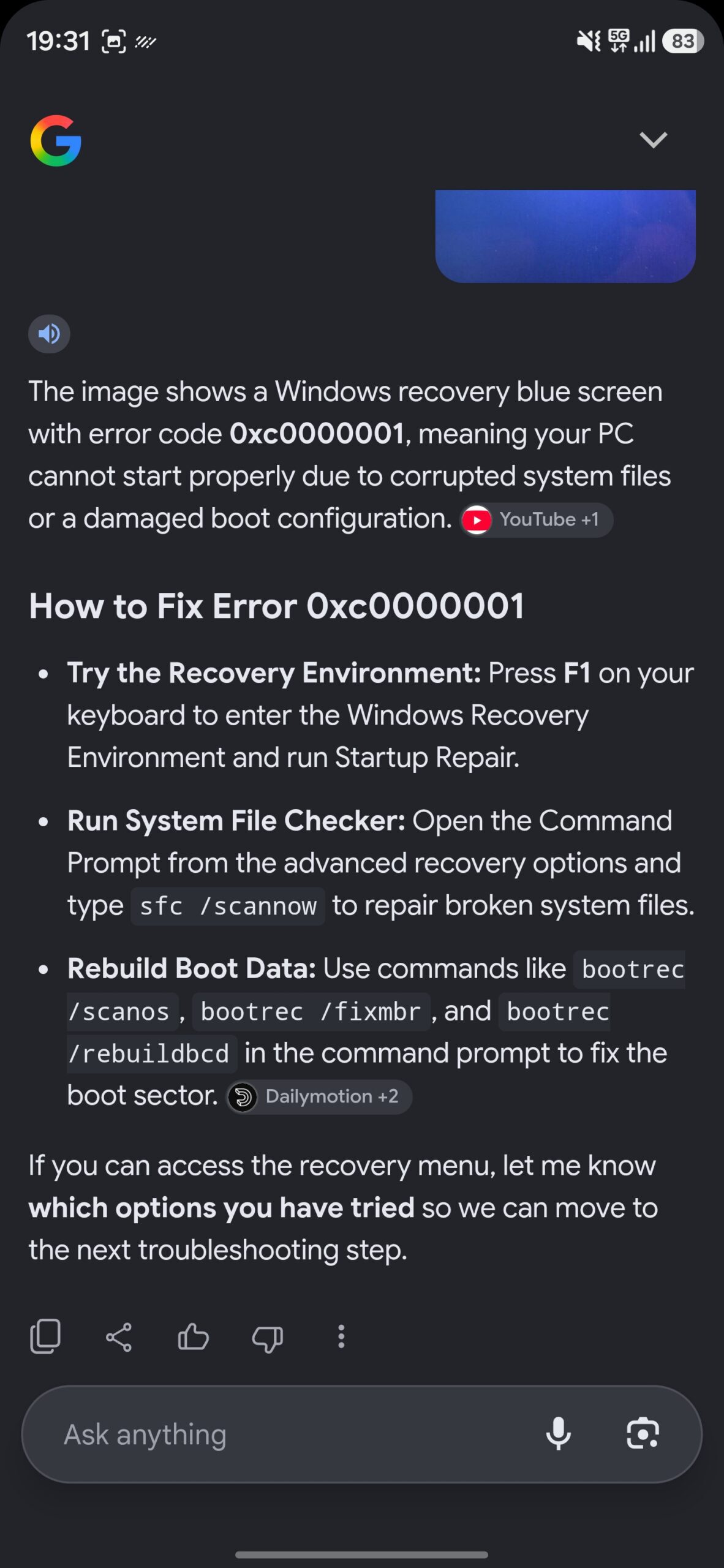 Google Lens' response to a Windows error code with steps to fix it.
